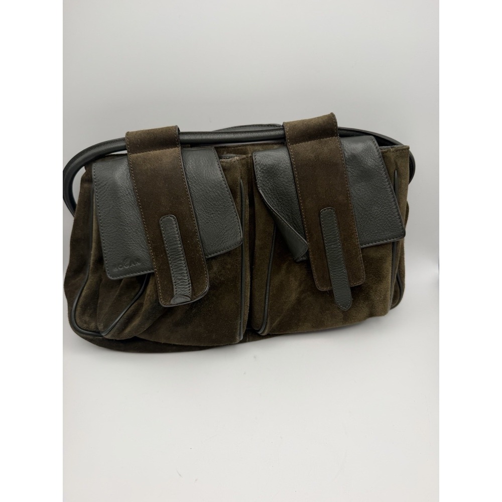 Hogan Brown Suede Leather Shoulder Bag Multi Pocket Italy Large Handbag